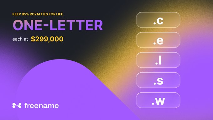 A promotional graphic from Freename advertises one-letter domain names (.c, .e, .i, .s, .w) for $299,000 each with '85% ROYALTIES FOR LIFE' on a purple and gold gradient background.