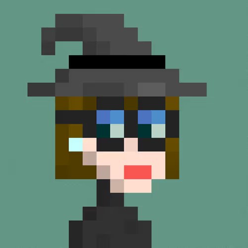 A pixel art portrait of a character with brown hair, blue eyes, and red lips, wearing a black witch hat, set against a teal green background in a blocky retro game style.