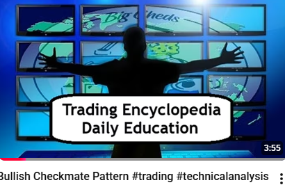 A silhouetted figure with outstretched arms stands before a wall of monitors displaying market data, overlaid with the text "Trading Encyclopedia Daily Education" and the caption "Bullish Checkmate Pattern #trading #technicalanalysis." The image serves as a thumbnail for a YouTube tutorial on the bullish checkmate technical analysis pattern, with the dramatic pose suggesting mastery or victory in trading education.