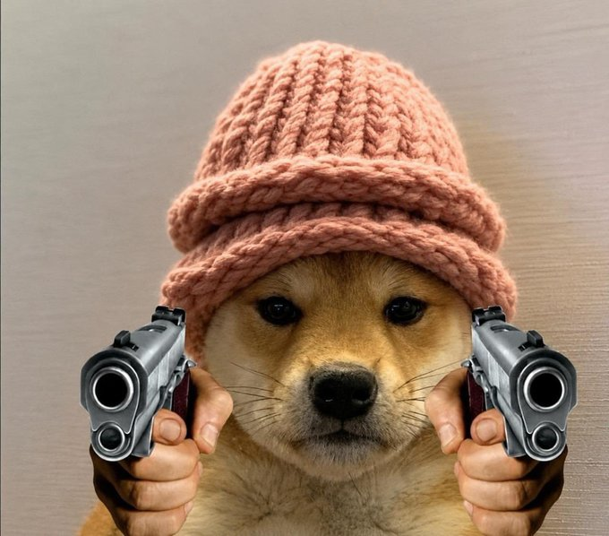 A Shiba Inu wearing a pink beanie is humorously photoshopped to appear as if it's holding two handguns pointed forward, capturing the chaotic and absurd energy of the meme the poster shared about $WIF2—a dog-themed token riffing on the popular dogwifhat ($WIF) meme coin culture.