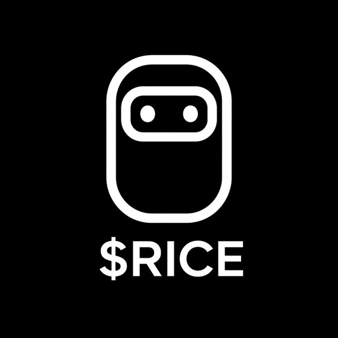 A minimalist white robot face logo on a black background with '$RICE' text displayed below.