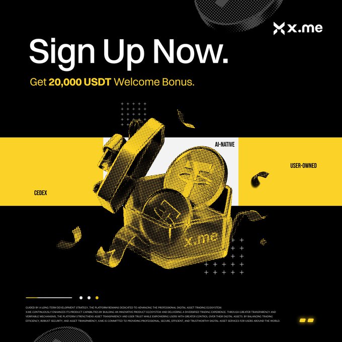 A bold black and yellow promotional graphic for **x.me** featuring a halftone illustration of an astronaut holding a Bitcoin-themed flag, with the headline **"Sign Up Now"** and a **20,000 USDT welcome bonus** offer. The design emphasizes the platform's "AI-Native" and "User-Owned" branding, directly tying into the post's message about unlocking an Explorer Badge and discovering rewards through a simple sign-up journey.