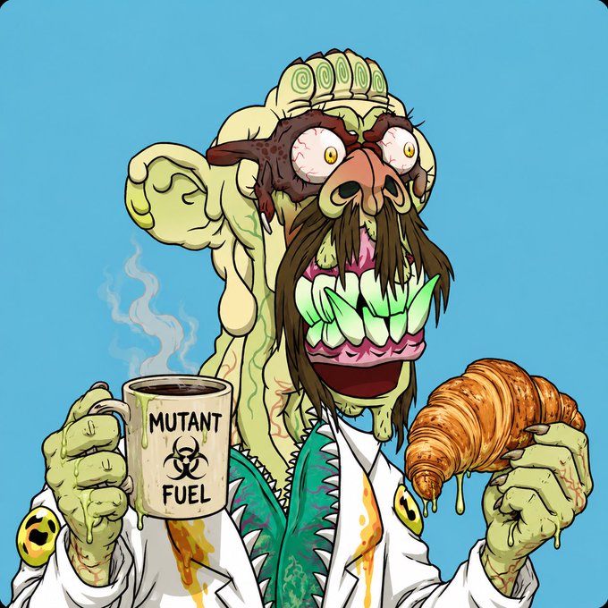 A cartoon illustration of a green-skinned mutant character with bulging eyes, sharp teeth, and wild brown hair, wearing a white lab coat and holding a mug labeled "MUTANT FUEL" with a biohazard symbol alongside a dripping croissant.