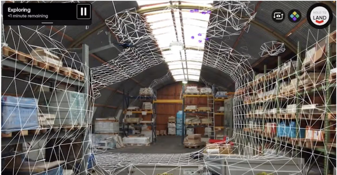 A 360-degree interior view of a warehouse or store with overlaid wireframe graphics, featuring UI elements including 'Exploring', '<1 minute remaining', and a 'DECENTRALAND LAND' logo.