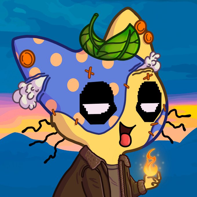 A cartoonish blue and yellow stitched character with leaf-like hair, pixelated sunglasses, and a brown coat, holding a small flame against a sunset landscape.