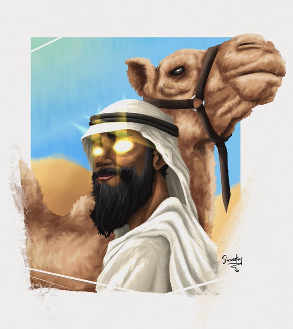 A digital illustration of a bearded man in white robes with glowing yellow eyes, standing next to a camel in a desert setting, signed 'SaumKay'.