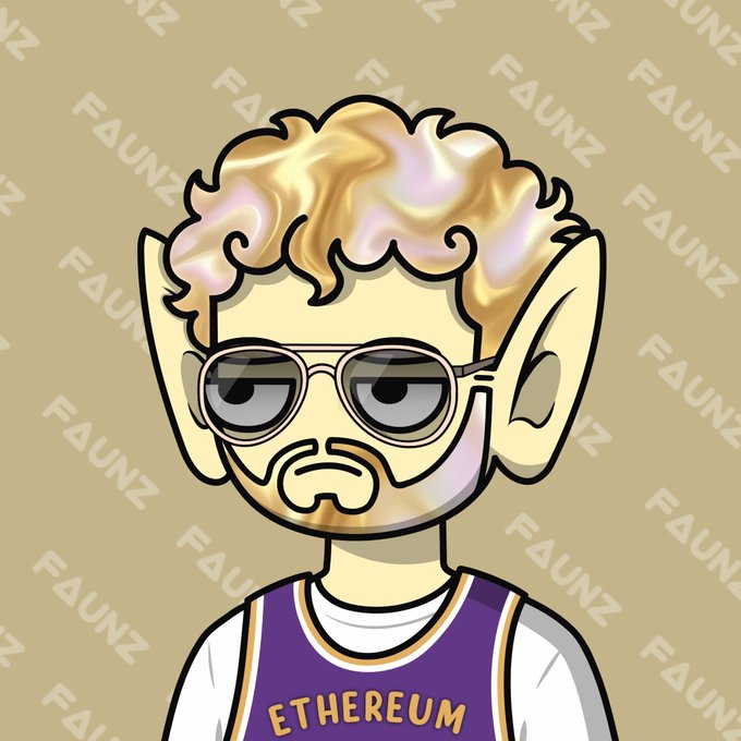 A cartoon illustration depicts a character with pointy elf-like ears, curly blonde hair, sunglasses, and a purple and white basketball jersey reading 'ETHEREUM,' set against a tan background with 'FAUNZ' watermarks.