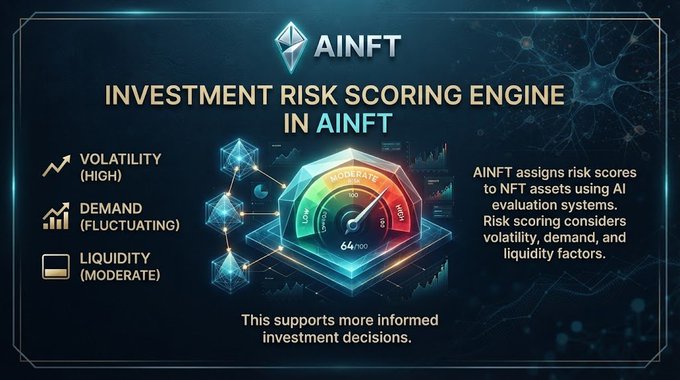 A promotional graphic for AINFT titled 'Investment Risk Scoring Engine in AINFT,' displaying a risk meter dial reading '64/100 Moderate' and noting factors like 'Volatility (High),' 'Demand (Fluctuating),' and 'Liquidity (Moderate).' It states that AINFT assigns risk scores to NFT assets using AI evaluation systems to support informed investment decisions.