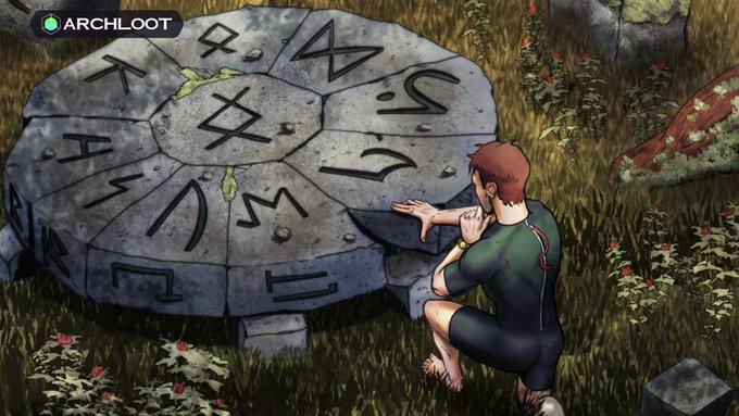A character labeled 'ARCHLOOT' kneels beside a large stone disc inscribed with runes in a grassy, mystical environment.