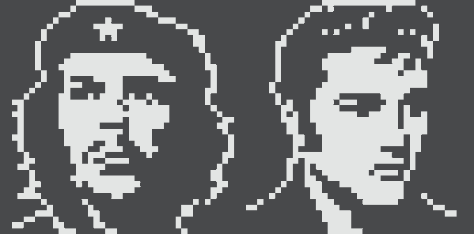 Two pixel-art portraits side by side—one depicting a figure wearing a hooded cap with a star emblem, the other a close-cropped individual—both rendered in a high-contrast monochrome style consistent with the customized Normie #9572 NFT from normies.art, altered by 490 pixels.