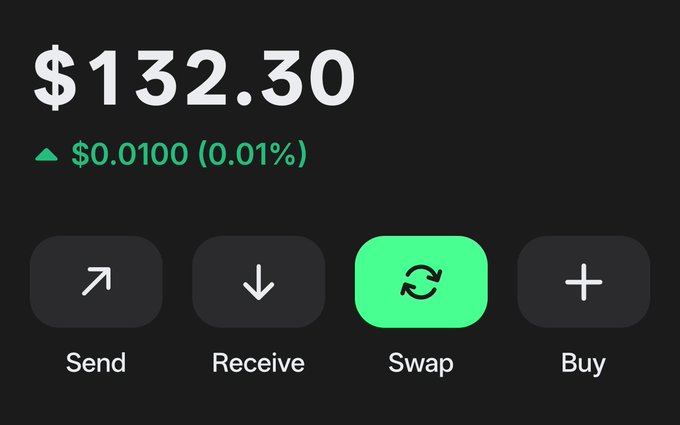 A mobile app screen displaying a balance of '$132.30' with a small increase of '$0.0100 (0.01%)' and action buttons for Send, Receive, Swap, and Buy.