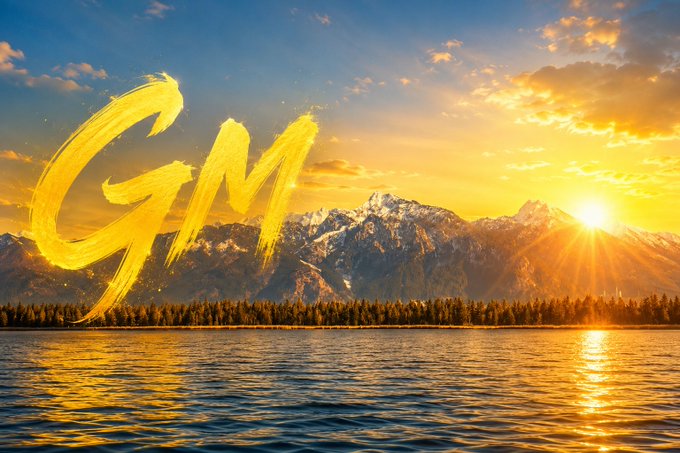 A scenic sunset over mountains and a lake with the word "GM" written in large golden brushstrokes across the sky.