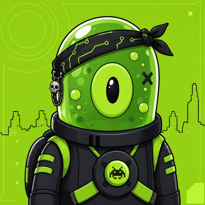 A cartoon green alien mascot with a circuit-patterned bandana, skull charm, and Space Invader insignia on its chest armor stands against a neon cityscape, visually representing "The Glorbiez" NFT collection being promoted for mint on OpenSea at opensea.io/collection/glo.