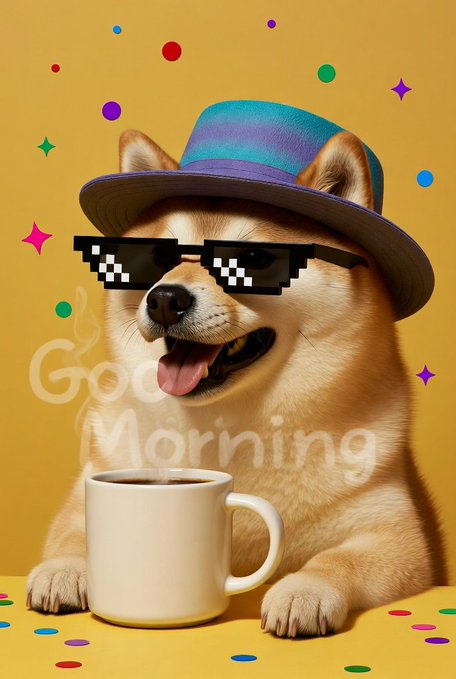A vibrant, surreal illustration of a Shiba Inu dog wearing pixelated sunglasses and a colorful hat, with steam forming the words "Good Morning" above a steaming coffee mug, all set against a yellow background with confetti.