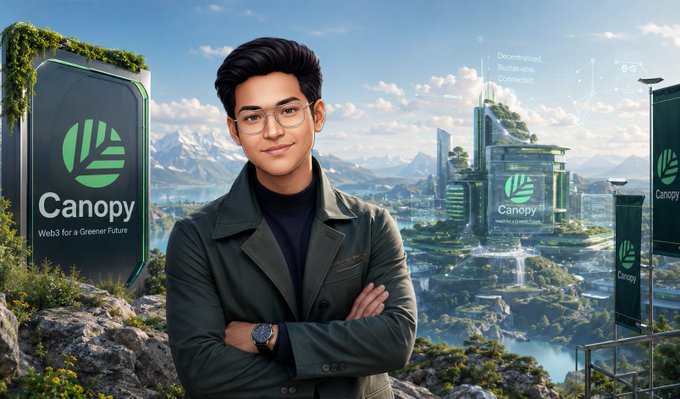 A young man in glasses and a green jacket stands in front of a futuristic green city landscape, next to a 'Canopy' billboard reading 'Web3 for a Greener Future'.