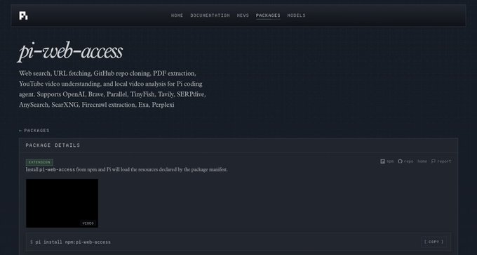 The image shows the Pi website's documentation page for the "pi-web-access" package, highlighting features like web search, URL fetching, GitHub repo cloning, and PDF extraction, with an installation command visible at the bottom. This relates to the post's mention of pi-web-access as a popular example of a Pi extension package used to add web functionality to the AI coding agent.