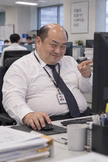 An Asian man in a white shirt and tie sitting at an office desk, smiling and pointing at a computer monitor, with Korean text visible on a whiteboard behind him.