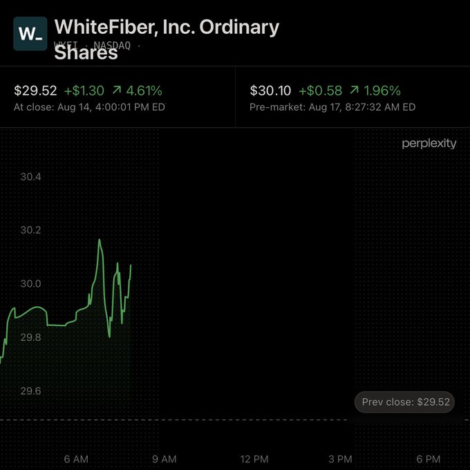 A stock chart on Perplexity showing WhiteFiber, Inc. Ordinary Shares (WYWF) at $29.52 with a +$1.30 (4.61%) gain at close on Aug 14.