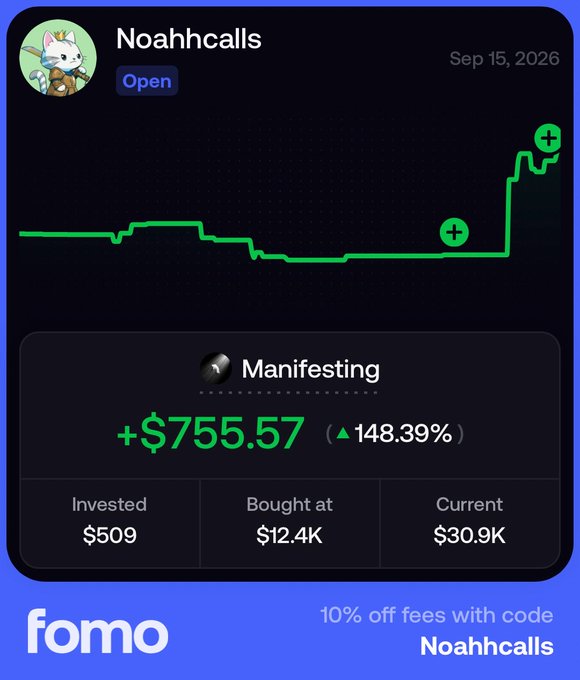 A promotional image for "fomo" showcasing a 148.39% gain (+$755.57) on a token called "Manifesting" (ticker $MANIFEST), with the chart illustrating a "slowly then all at once" rally pattern under the username "Noahhcalls" and offering 10% off fees with code "Noahhcalls."