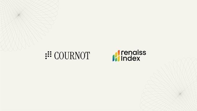 The image displays the logos of "COURNOT" and "renaiss index" side by side on a cream background with decorative circular line patterns in the corners, representing a partnership announcement between the two companies as referenced in the accompanying post about their collaboration on transparent market data for gacha experiences.