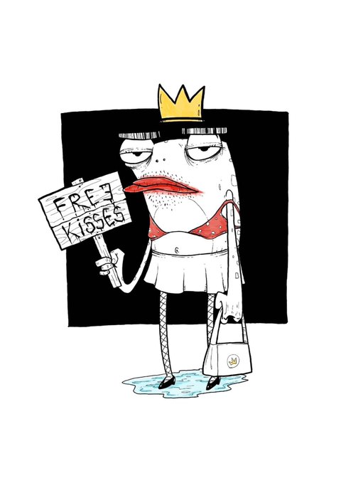 A cartoon illustration of a pale, unimpressed-looking figure wearing a yellow crown, a white skirt, and a red bikini top, holding a sign that reads "FREE KISSES" and a small handbag.