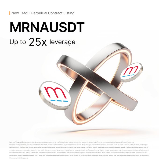 The image is a promotional graphic announcing the new TradFi Perpetual Contract listing for the MRNAUSDT pair, offering up to 25x leverage. It features a sleek 3D rendering of intertwined metallic rings with the "m" logo (representing Moderna) on circular tokens, visually reinforcing the post's announcement of MRNA's availability for trading on Bybit.