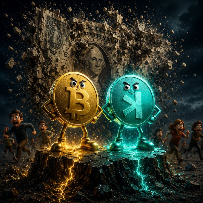 A dramatic, stylized image depicting anthropomorphized Bitcoin and Kaspa (K) coins standing on a cracked platform as a crumbling dollar bill collapses behind them, with panicked people fleeing in the background.