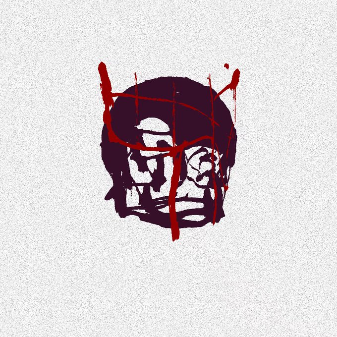 A stylized dark skull illustration with red drips overlaid, set against a textured white background.