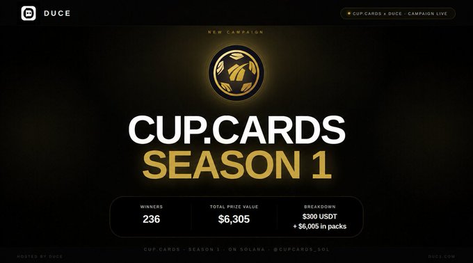 In this screenshot of a website, there is an advertisement for Cup Cards Season 1 that shows the top three winners of its online contest. The website also displays information about a campaign called Cup Cards UGCCampaign. It's located at the bottom left corner of the image and has a dark background with gold accents.