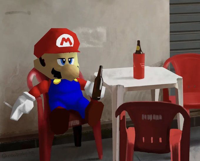 A 3D rendering of a Mario character sitting at a small white table in a red plastic chair, holding a cigarette in one hand and a beer bottle in the other, with another beer bottle in a red holder on the table, set in a worn outdoor location.