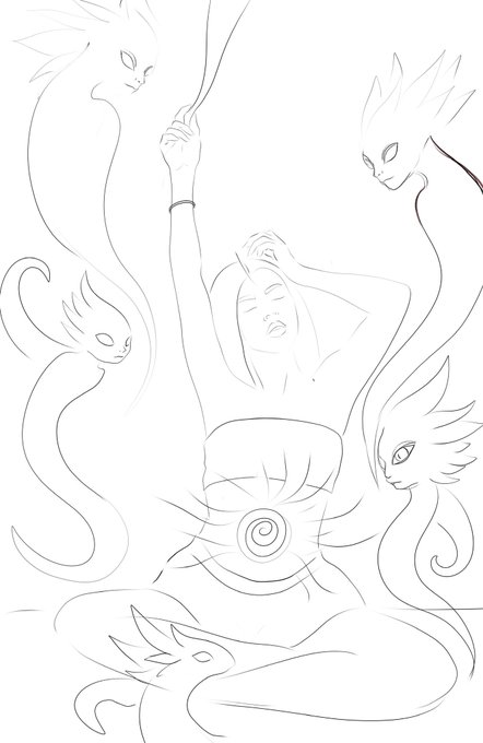 A pencil sketch drawing depicting a woman with flowing hair surrounded by several dragon or snake-like creatures, with a spiral design on her clothing.