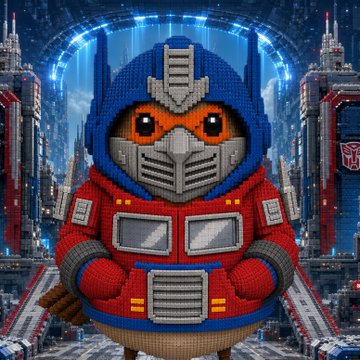 A blocky, LEGO‑style Optimus‑Prime‑inspired chicken figure in red and blue armor dominates the foreground, set against a neon‑lit futuristic cityscape where a red Decepticon emblem is visible on a tower.