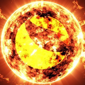 A fiery, sun-like sphere displaying a stylized yellow logo with a flame motif against a glowing orange background.