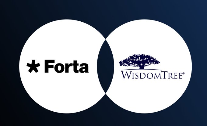 Two overlapping white circles on a dark blue background displaying the 'Forta' logo on the left and the 'WisdomTree' logo with a tree emblem on the right.