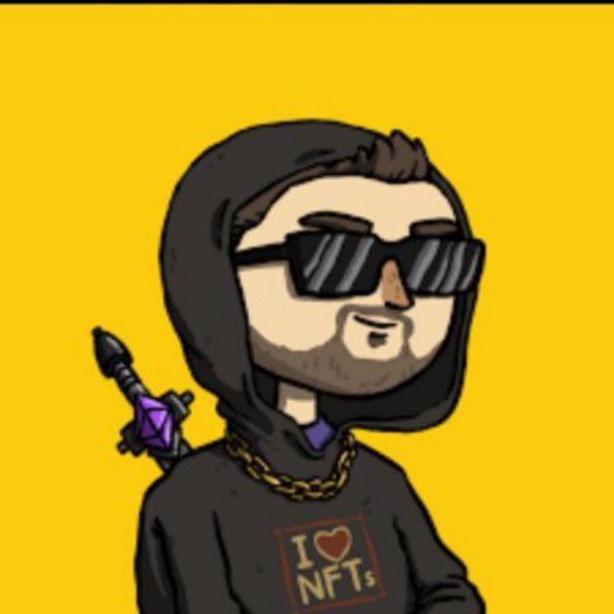 A cartoon illustration of a character wearing a black hoodie, shutter shades, and a gold chain with a sword strapped to their back, set against a yellow background with the phrase 'I ❤ NFTs' on their shirt.