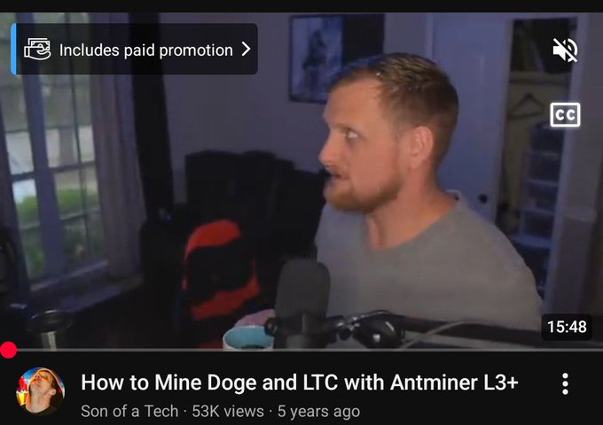 A YouTube video thumbnail from "Son of a Tech" titled "How to Mine Doge and LTC with Antminer L3+" shows a bearded man speaking into a microphone, with the video timestamp at 15:48 and noting it was uploaded 5 years ago with 53K views—directly matching the post's reference to a 5-year-old Son of a Tech video about LTC mining.