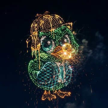 A photograph of an elaborate fireworks display depicting Donald Duck, lit up in green and gold lights against a dark night sky.