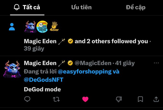 A notifications screen showing that 'Magic Eden' and others followed the user, along with a tweet from @MagicEden replying about 'DeGod mode'.