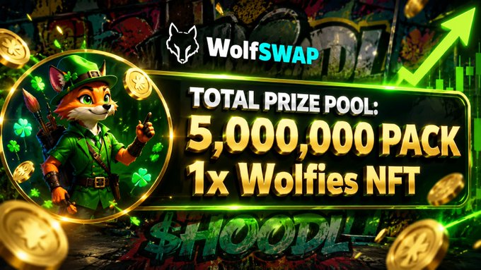 A promotional graphic for WolfSWAP featuring a leprechaun-style fox character with a bow and arrows, advertising a total prize pool of 5,000,000 PACK and 1x Wolfies NFT.