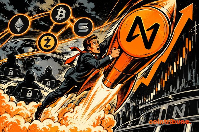 A retro-style illustration showing a businessman riding a rocket labeled 'A1' alongside various cryptocurrency logos, with hooded figures holding laptops below and the text 'coin Tribune' at the bottom.