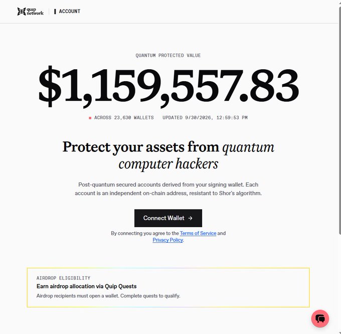 A Quip Network account page showing 'Quantum Protected Value' of $1,159,557.83 across 23,638 wallets, updated 9/30/2026, with a call to 'Protect your assets from quantum computer hackers' and a Connect Wallet button.