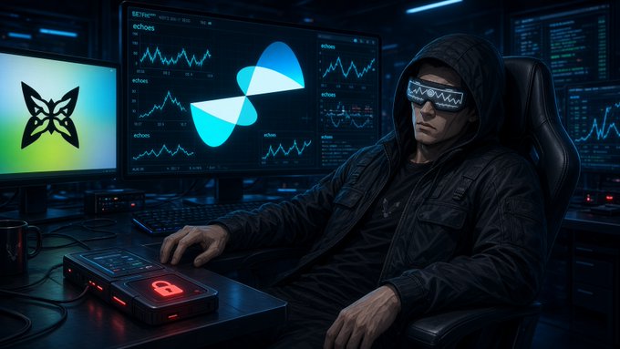 A hooded figure wearing a digital wave-patterned visor sits at a desk with multiple monitors displaying charts and a butterfly logo, with a padlock-illuminated device on the desk