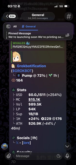 A Telegram channel screenshot shows a pinned message 'We're launching soon We're printing so...' and a post by Grokbotification (@SGROKBOT) about 'Pump @ 72%' with stats including 'USD $0.0,1511 (+254%)', 'MC $15.1K', and 'Vol $89.5K'.