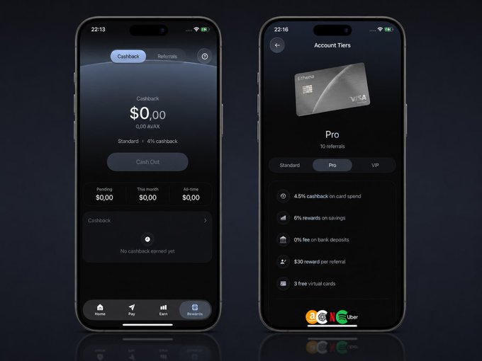 Two iPhone screens display the EthenaPay app—one showing the Cashback dashboard with a $0.00 balance and Standard tier (1% cashback), and the other showing the Account Tiers page highlighting the Pro tier with 4.5% cashback on card spend and 0% fee on bank deposits. The app's deposit and cashback features visually contrast with the post's critique of banks like Revolut profiting from interest on customer deposits, suggesting EthenaPay returns that value to users instead.