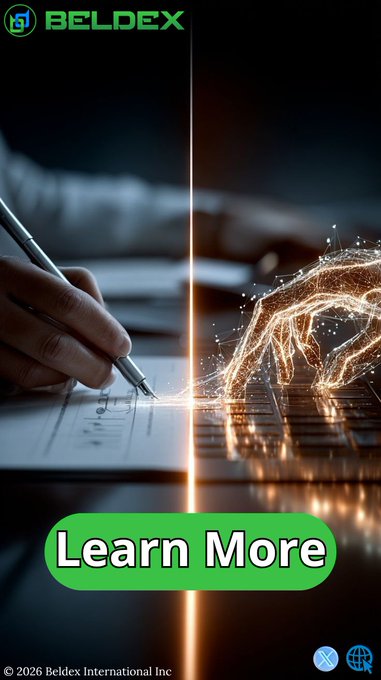 A split image showing a hand writing on paper on the left and glowing digital particle hands on a keyboard on the right, branded with the Beldex logo and a "Learn More" button. The visual juxtaposition of traditional writing and digital innovation mirrors Beldex's post about transitioning toward sustainable, energy-efficient Proof-of-Stake infrastructure powered by Masternodes.