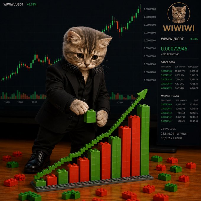 A humorous graphic titled 'WIWIWI' showing a cat in a suit building a rising bar chart from red and green blocks, overlaid on a background of a WIWIWI/USDT trading chart showing +6.78%.