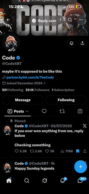 A screenshot of the X (Twitter) profile for 'Code' (@CodeXBT), showing 29.1K Followers, a pinned post asking winners to reply, and a 'Reply sent :)' notification at the top.