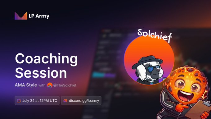 A promotional banner for an LP Army 'Coaching Session' AMA Style with @TheSolchief, scheduled for July 24 at 12PM UTC on discord.gg/parmy.