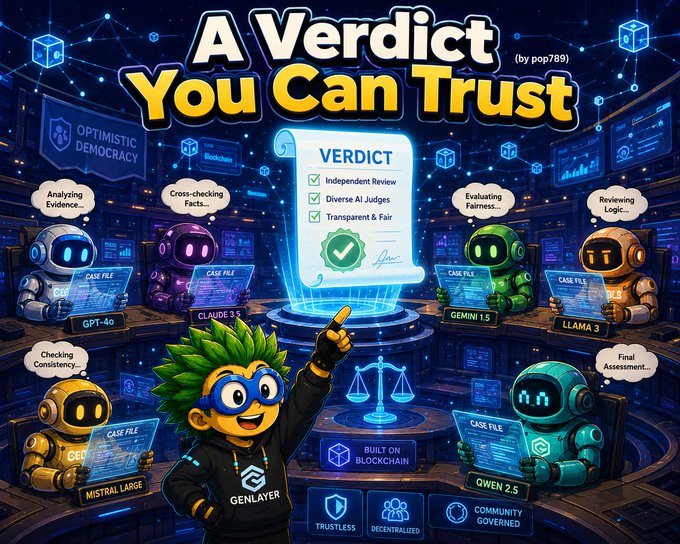The image promotes GenLayer's multi-AI verification system, titled "A Verdict You Can Trust," featuring various AI models (GPT-4o, Claude 3.5, Gemini 1.5, Llama 3, Mistral Large, and Qwen 2.5) analyzing case files independently with promises of "Independent Review," "Diverse AI Judges," and "Transparent & Fair" verdicts—all framed as "Optimistic Democracy" built on blockchain with principles of being "Trustless, Decentralized, Community Governed." The mascot character holding a glowing "VERDICT" scroll visually reinforces the post's message that relying on multiple randomized AI validators eliminates single points of failure in dispute resolution.