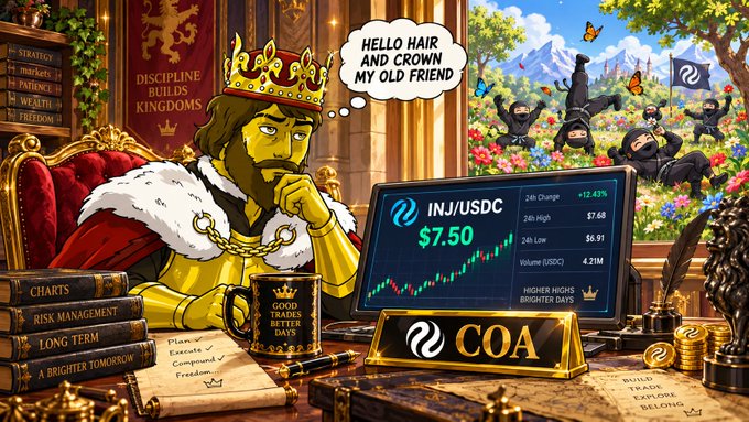 A cartoon-style image features a king wearing a crown thinking 'HELLO HAIR AND CROWN MY OLD FRIEND' while looking at a screen showing INJ/USDC at $7.50 with a +12.43% 24h change, with the Injective (COA) logo and 'DISCIPLINE BUILDS KINGDOMS' text visible.